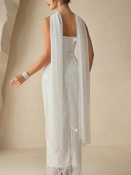 White Elegant Women's Strapbackless Pearl Glamorous Dress - Picture 2 of 6